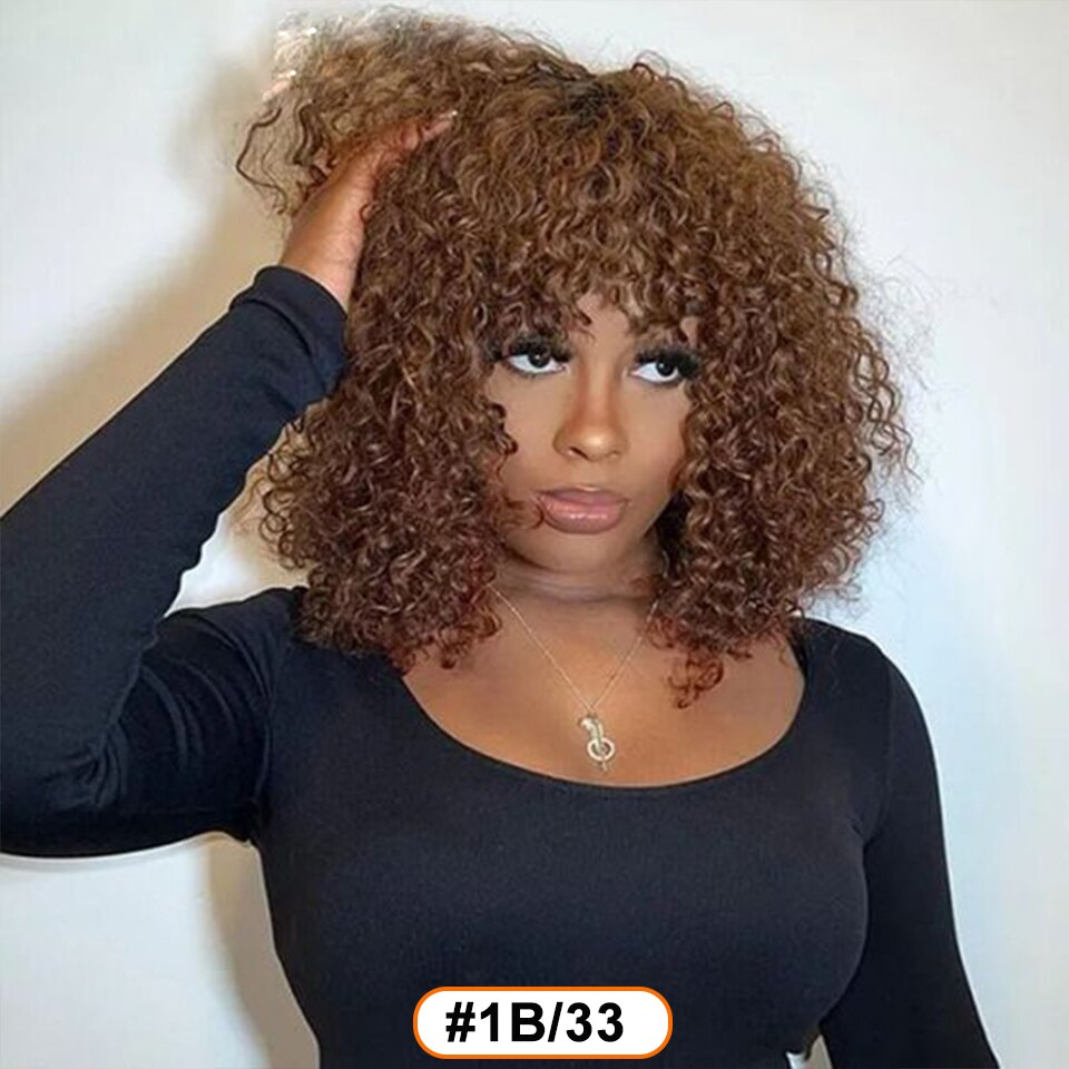 Short Human Hair Wigs with Curls Brown Ombre Remy Human Hair with Deep Waves Thick Curls