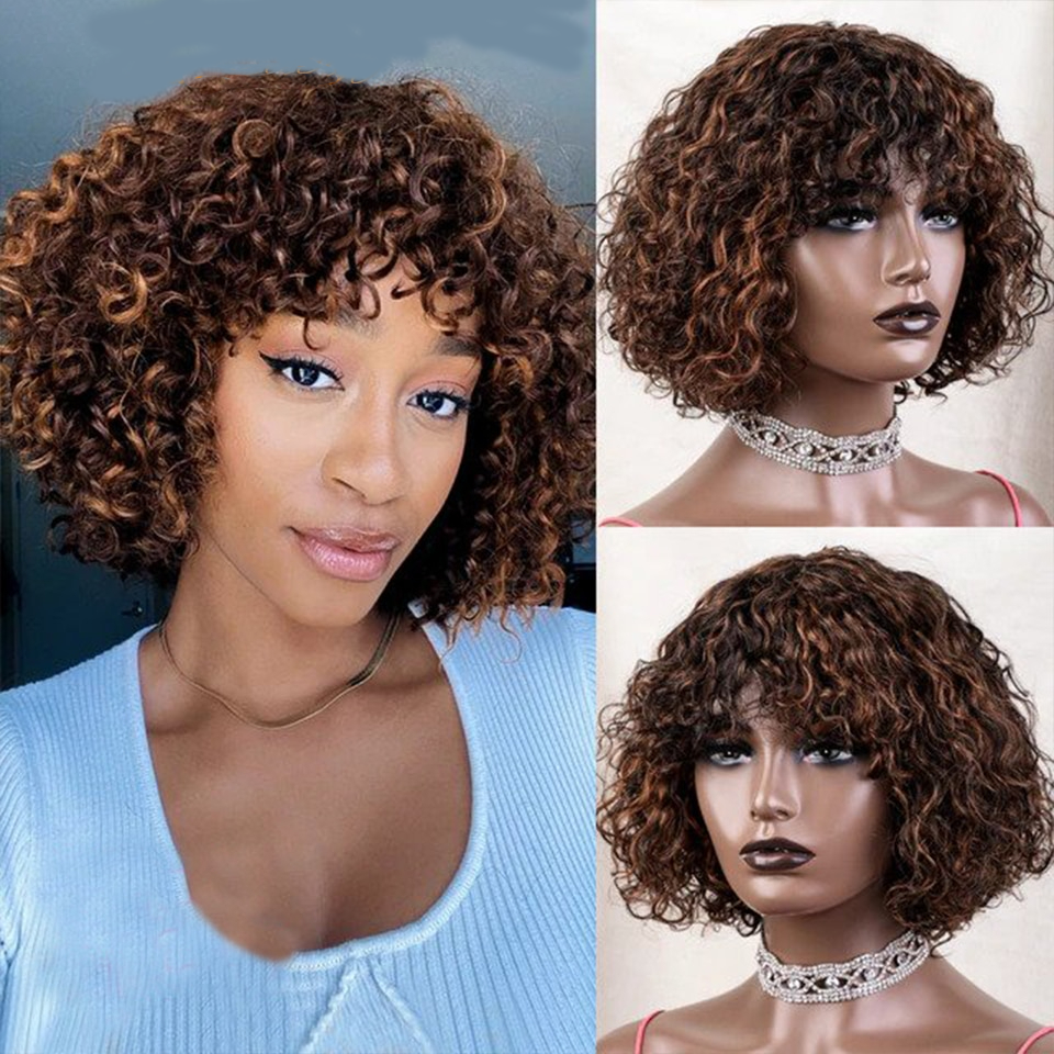 Short Pixie Jerry Curly human hair wigs with a bang in the back, bob Black women's honey blonde ombre non-lace wig "Remy Hair
