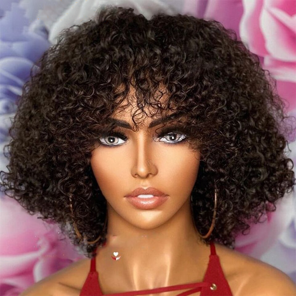 Short Human Hair Wigs with Curls Brown Ombre Remy Human Hair with Deep Waves Thick Curls