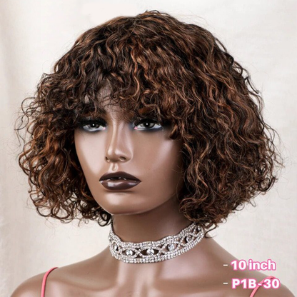 Short Pixie Jerry Curly human hair wigs with a bang in the back, bob Black women's honey blonde ombre non-lace wig "Remy Hair
