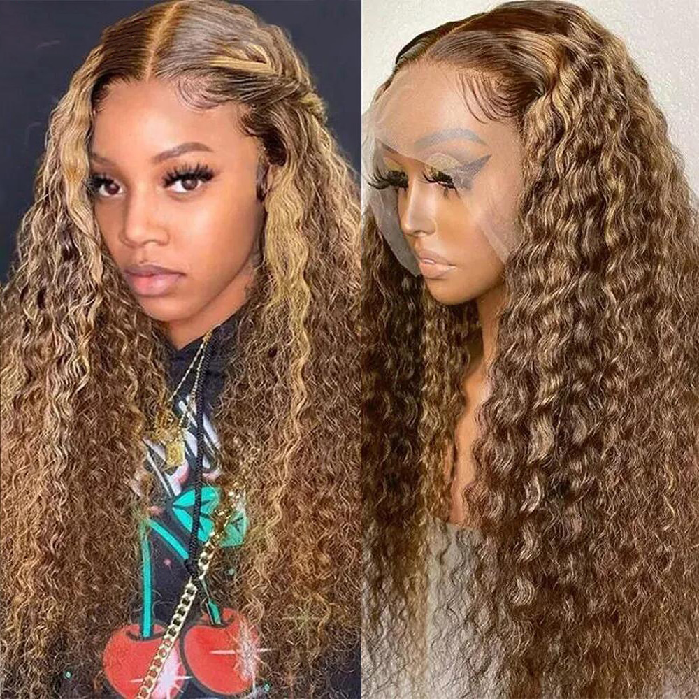 Deep Wave Frontal And Highlight Wigs In Honey Blonde With Lace Fronts