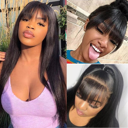 Straight Human Hair Wigs with Front Bangs