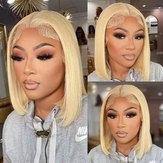 Blonde Straight HD Transparent Lace Frontal Short Bob Wigs Human Hair